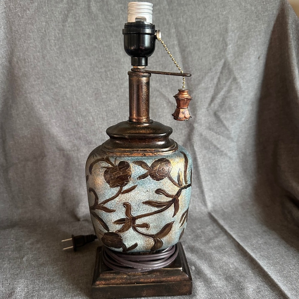 Table Lamp Small Blue Bronze Floral Pull Chain Accent Light
